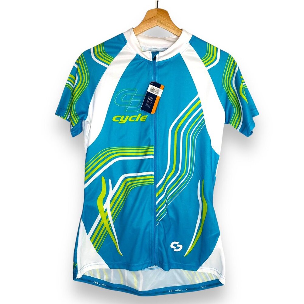 CRIVIT Sports Cycling Jersey Top Shirt Men M Blue Turquoise White Green Pocket